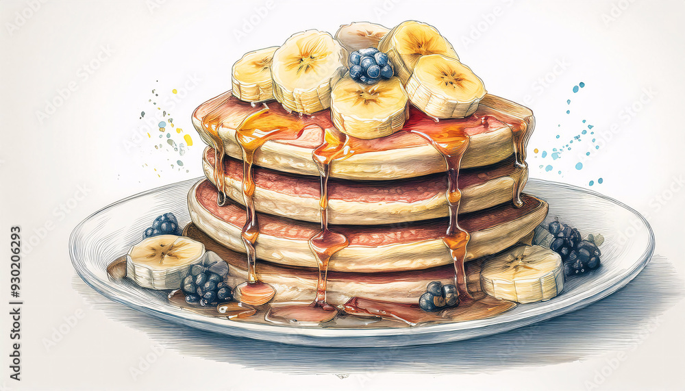 Stack of pancakes topped with bananas, berries, and syrup Stack of pancakes topped with bananas, berries, and syrup