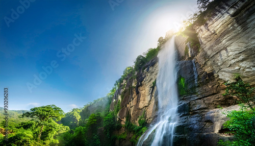 Lush green cliffs with a majestic waterfall under a clear blue sky