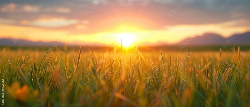 Fototapeta premium A field of tall grass with the sun setting in the distance; mountains loom in the background