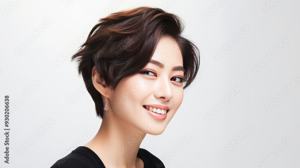 Portrait of a beautiful, sexy, smiling Asian woman with short hair, with perfect skin, white background, banner. Portrait of a beautiful, sexy, smiling Asian woman with short hair, with perfect skin, white background, banner.