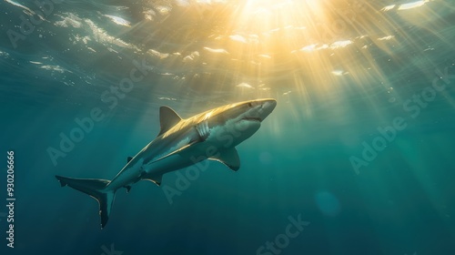 Wallpaper Mural Shark swimming gracefully with sunlight filtering down (focus on, majestic predator, whimsical, Multilayer, Sea expanse) Torontodigital.ca