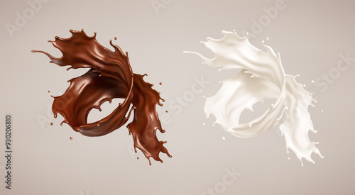 Milk and chocolate splash. Milkshake and melted brown choco. Realistic vector illustration