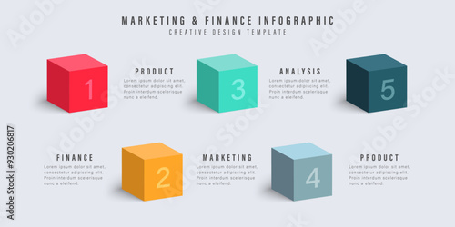 Five cubes process chart slide template. Infographic vector template