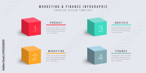 Four cubes process chart slide template. Infographic vector template