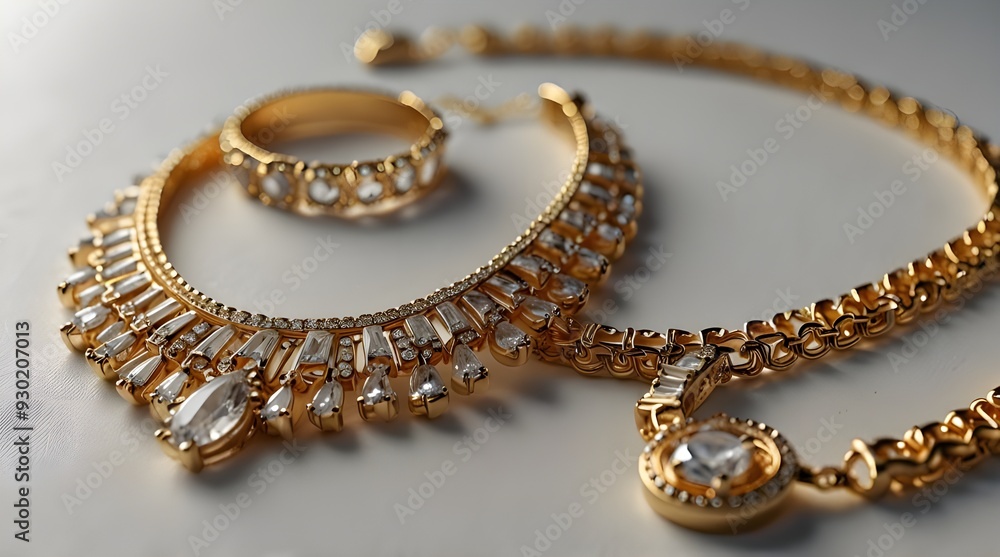 Gold Elegant gold jewelry set including a necklace bracelet and earrings.generative.ai Gold Elegant gold jewelry set including a necklace bracelet and earrings.generative.ai