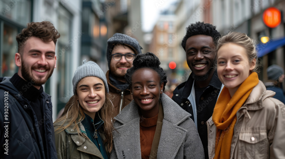 a group of smiling friends of different nationalities on a city street, teenagers, people, cheerful company, guys, girls, African Americans, Europeans, exchange students, men, women, portrait, emotion a group of smiling friends of different nationalities on a city street, teenagers, people, cheerful company, guys, girls, African Americans, Europeans, exchange students, men, women, portrait, emotion