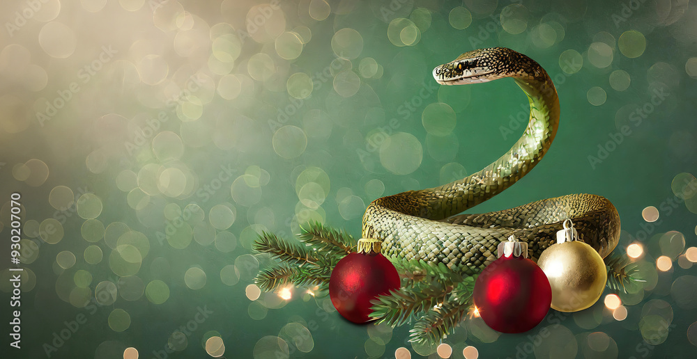 Festive snake with christmas ornaments on a green background. Chinese lunar 2025 is the year of the snake. Christmas banner. Happy New Year and Merry Christmas.