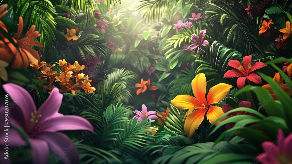 Fototapeta premium A vibrant tropical scene filled with colorful flowers and lush greenery.