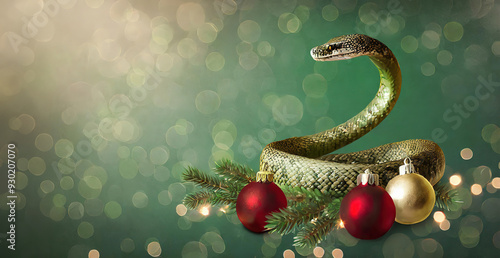 Obraz na płótnie Festive snake with christmas ornaments on a green background. Chinese lunar 2025 is the year of the snake. Christmas banner. Happy New Year and Merry Christmas. w salonie