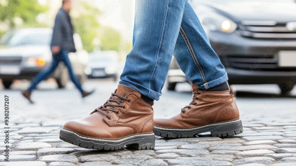 An adult man walks down a cobblestone path, wearing blue jeans and brown leather boots, surrounded by parked cars and autumn foliage An adult man walks down a cobblestone path, wearing blue jeans and brown leather boots, surrounded by parked cars and autumn foliage
