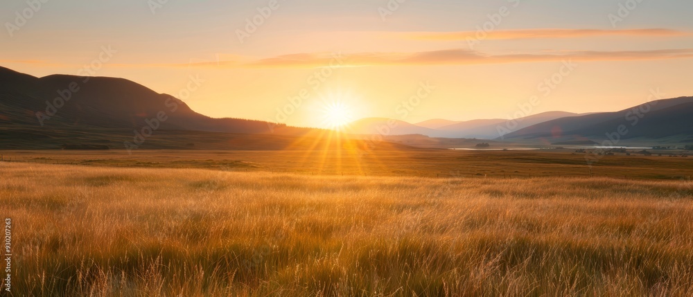 The sun sets over mountains, casting long shadows on a field of tall grass A horse grazes in the foreground The sun sets over mountains, casting long shadows on a field of tall grass A horse grazes in the foreground