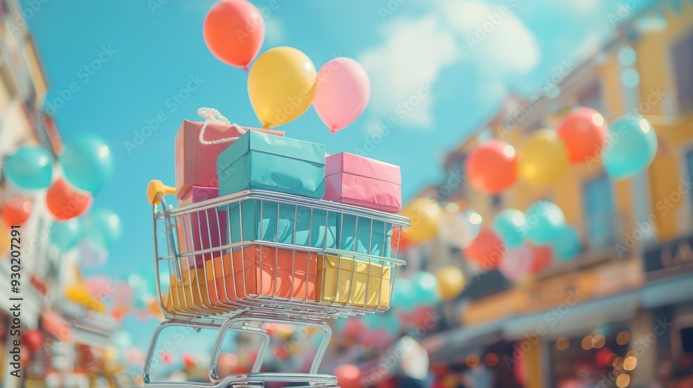 Shopping cart full of vibrant packages and floating balloons (focus on, joyful shopping, whimsical, Multilayer, Department store) Shopping cart full of vibrant packages and floating balloons (focus on, joyful shopping, whimsical, Multilayer, Department store)