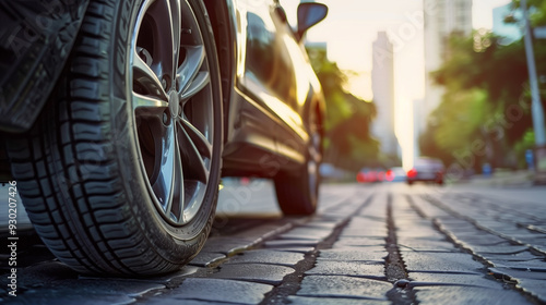 Old stone street in urban area, low angle view of a car driving on the road.