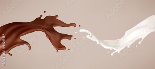 Milk and chocolate splash. Melted brown choco and milky waves with drops. Realistic vector illustration