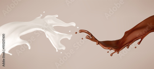Milk and chocolate splash. Melted brown choco and milky waves with drops. Realistic vector illustration