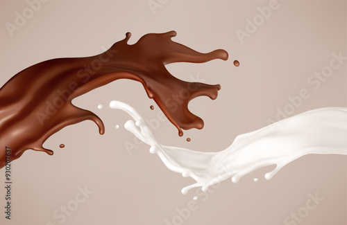 Milk and chocolate splash. Melted brown choco and milky waves with drops. Realistic vector illustration