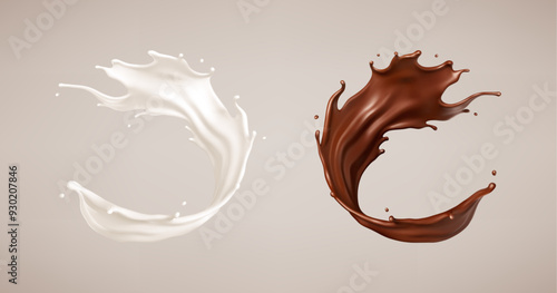 Milk and chocolate splash. Melted brown choco and milky waves with drops. Realistic vector illustration