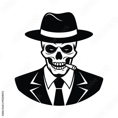 Mafia gangster skull with cigar and wearing a hat 
