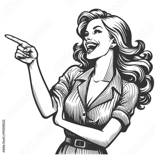 cheerful woman with wavy hair, laughing and pointing finger with enthusiasm, sketch engraving generative ai fictional character vector illustration. Scratch board imitation. Black and white image.