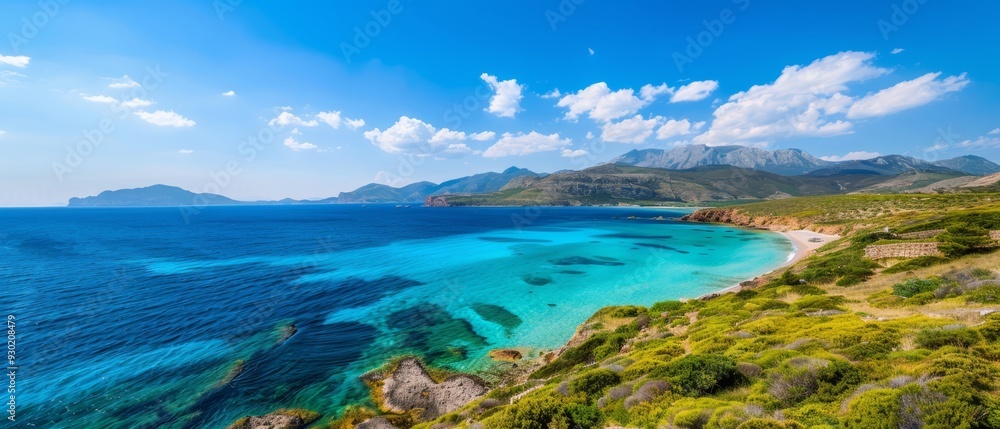 Fototapeta premium A tranquil expanse of water adjacent to a verdant hillside, framed by a blue sky adorned with puffy white clouds