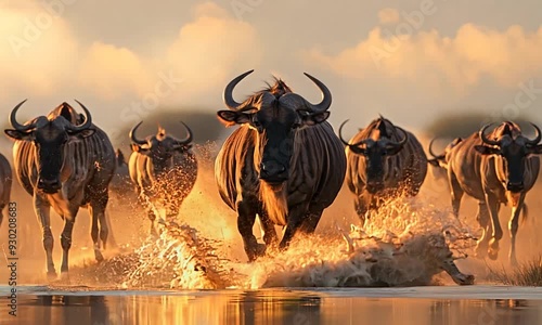 Wildebeest crossing the amboseli marshes