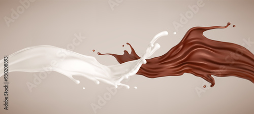 Milk and chocolate splash. Melted brown choco and milky waves with drops. Realistic vector illustration