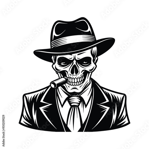 Mafia gangster skull with cigar and wearing a hat 
