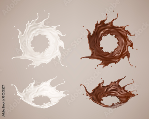 Milk and chocolate splashes. Milkshake and melted brown choco. Realistic vector illustration