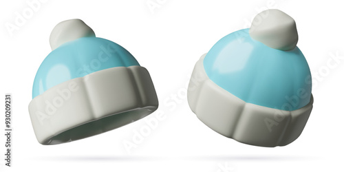 Blue winter hats 3d icons. Children head wear cute three dimensional elements in minimal plastic style.