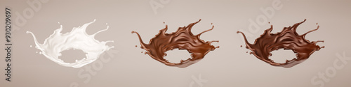 Milk and chocolate splashes. Milkshake and melted brown choco. Realistic vector illustration