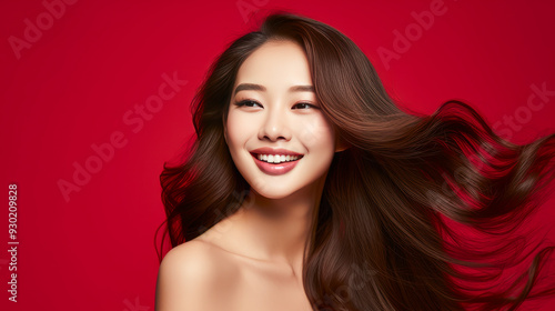 Portrait of a beautiful, sexy, happy smiling Asian woman with long hair, with perfect skin, white background, banner.