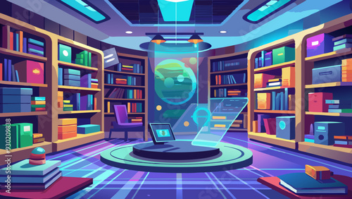 A modern library with interactive digital bookshelves and holographic displays, in a sleek interior