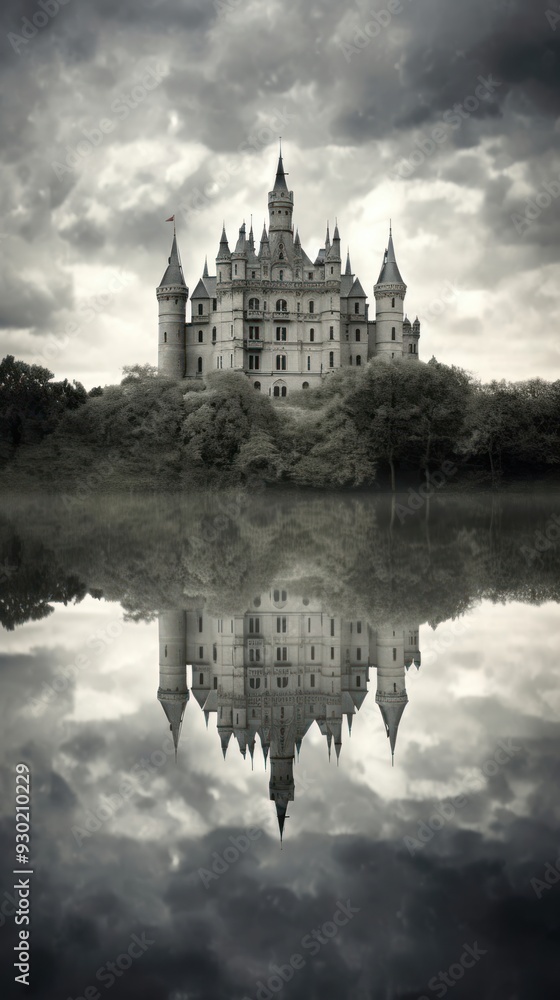 Obraz premium Grey tone wallpaper castle architecture reflection building.