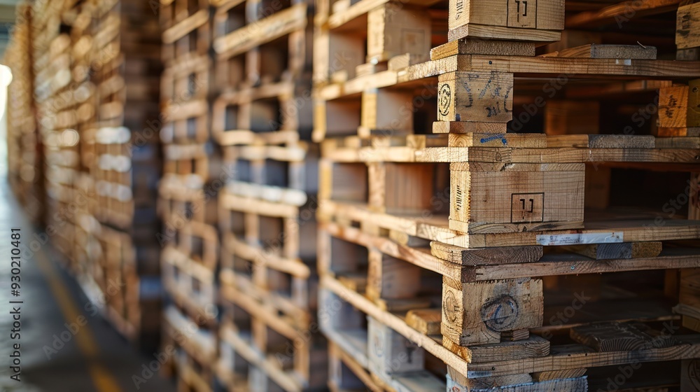 Stacked wooden pallets with uniform boxes (selective focus, inventory management, surreal, Composite, Loading dock)