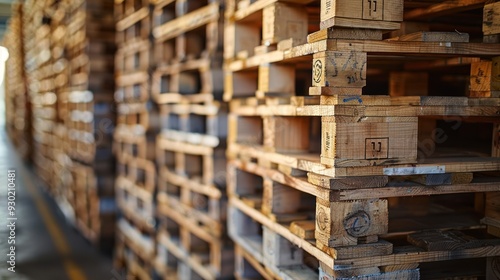 Obraz na płótnie Stacked wooden pallets with uniform boxes (selective focus, inventory management, surreal, Composite, Loading dock) w salonie