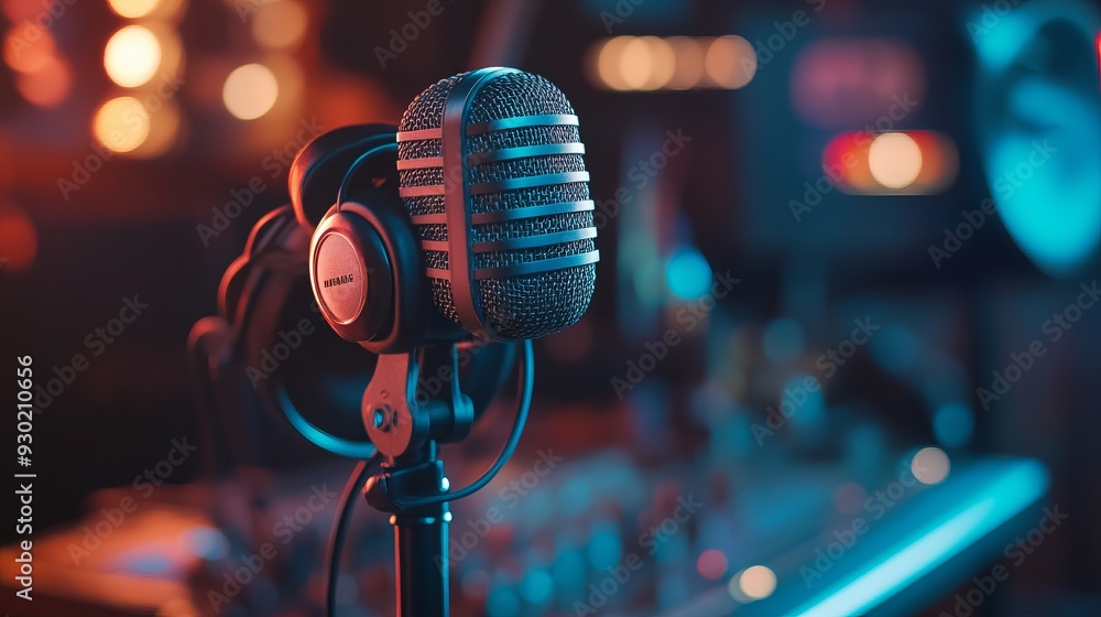 Professional microphone and headphones at the radio station, entertainment and communication concept Professional microphone and headphones at the radio station, entertainment and communication concept