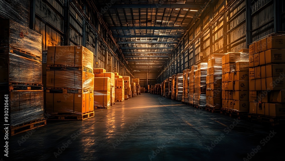 Warehouse Rows of Pallets Filled with Boxes under Golden Light Warehouse Rows of Pallets Filled with Boxes under Golden Light