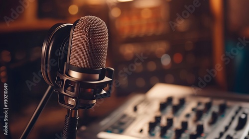 Professional microphone and headphones at the radio station, entertainment and communication concept photo