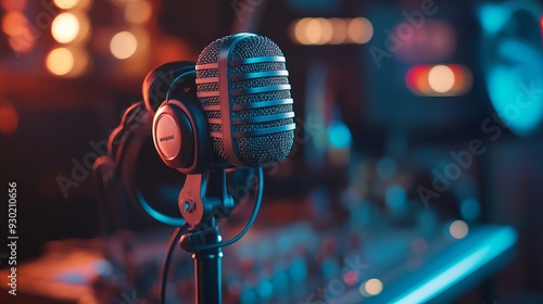 Professional microphone and headphones at the radio station, entertainment and communication concept