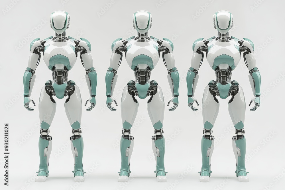 A line of identical humanoid robots representing the precision and standardization of AI driven robotics in mass production A line of identical humanoid robots representing the precision and standardization of AI driven robotics in mass production
