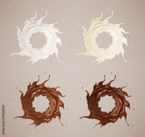 Milk and chocolate splashes. Milkshake and melted brown choco. Realistic vector illustration