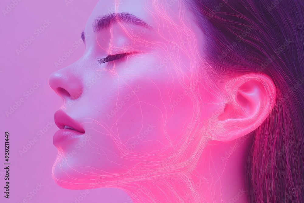 Profile of a woman with neon digital overlays on her face representing the fusion of human and AI technology in futuristic environments Profile of a woman with neon digital overlays on her face representing the fusion of human and AI technology in futuristic environments