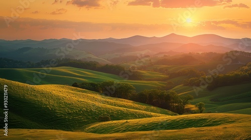 Sunset casting warm hues over lush hills (focus on, serene landscape, vibrant, Overlay, Rural valley)