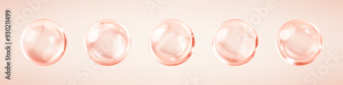 Collagen serum or cosmetic essence drops. Collagen serum bubbles. Concept skincare cosmetics solution. Vector 3d illustration
