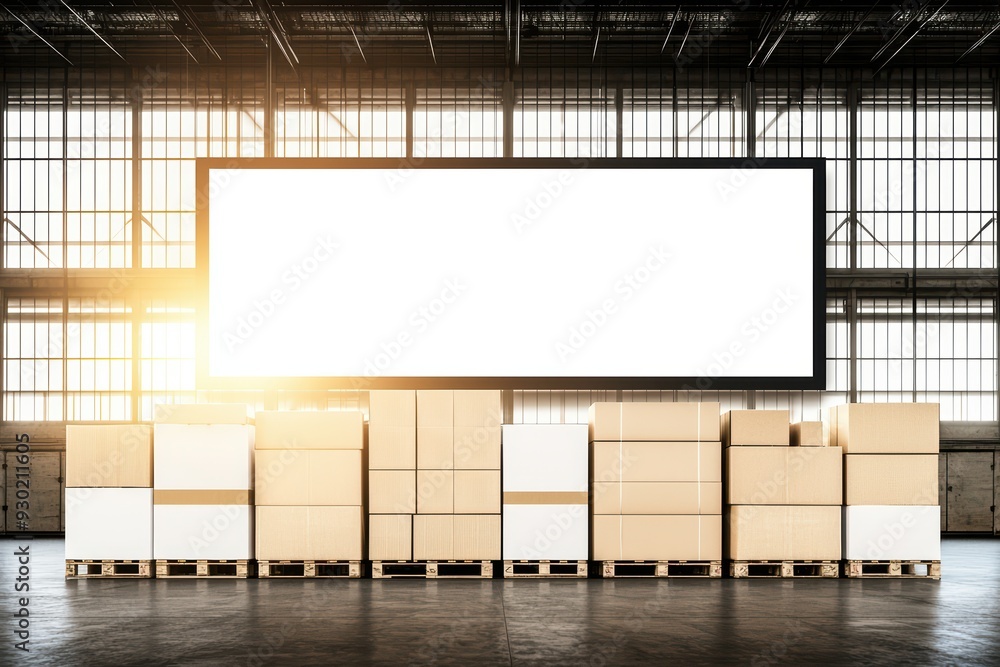 Fototapeta premium A spacious warehouse with stacked boxes and a large blank screen for displaying announcements or advertisements.