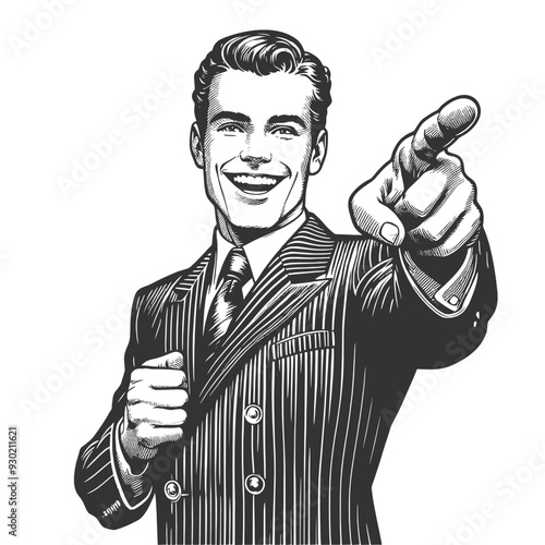 businessman in suit, pointing finger forward with smile, classic retro style and assertive attitude sketch engraving generative ai fictional character vector illustration. Black and white image.