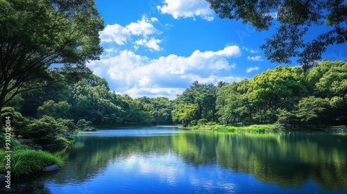 A quiet park with a small river flowing through it amidst a bright blue sky. Lush greenery and gentle waves create a relaxing atmosphere, perfect for relaxing and enjoying nature.