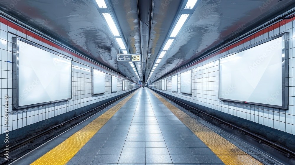 Unlit billboards in a quiet subway station (copy space, marketing opportunity, dynamic, Double exposure, Station corridor) Unlit billboards in a quiet subway station (copy space, marketing opportunity, dynamic, Double exposure, Station corridor)