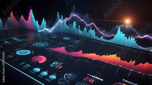 Data analytics report. Infographic with graph and chart on abstract background, finance business economic chart report, financial and money market chart photo