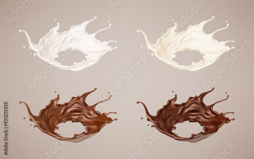 Milk and chocolate splashes. Milkshake and melted brown choco. Realistic vector illustration